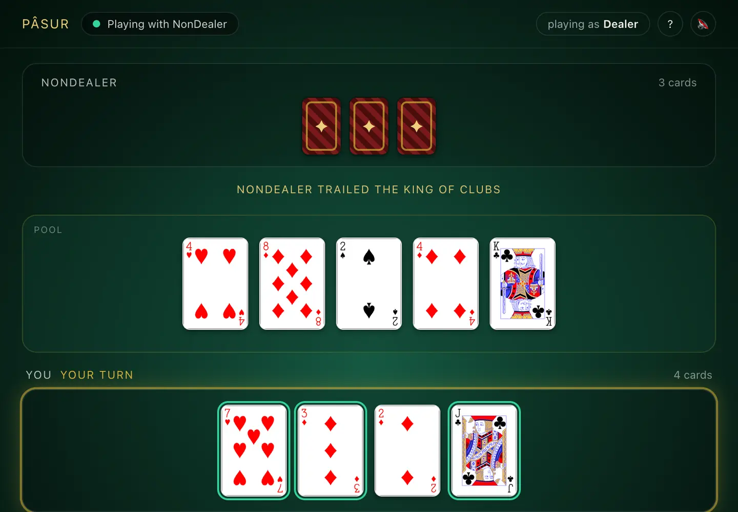 Pasur gameplay screen showing the active card table